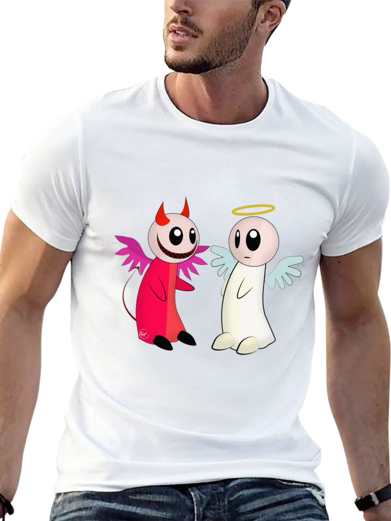 Angel & Devil Cartoon T-Shirt - Black