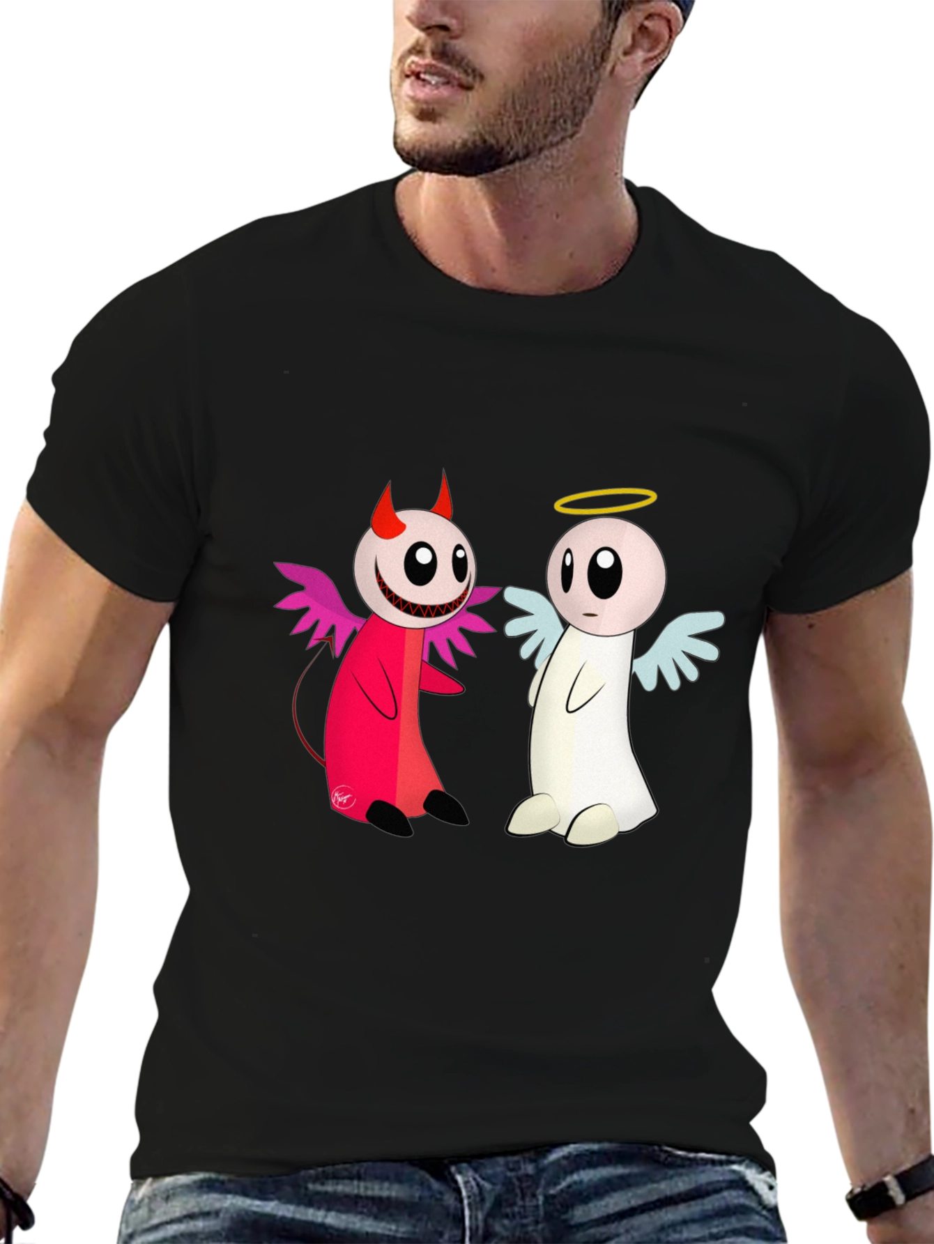 Angel & Devil Cartoon T-Shirt - Black