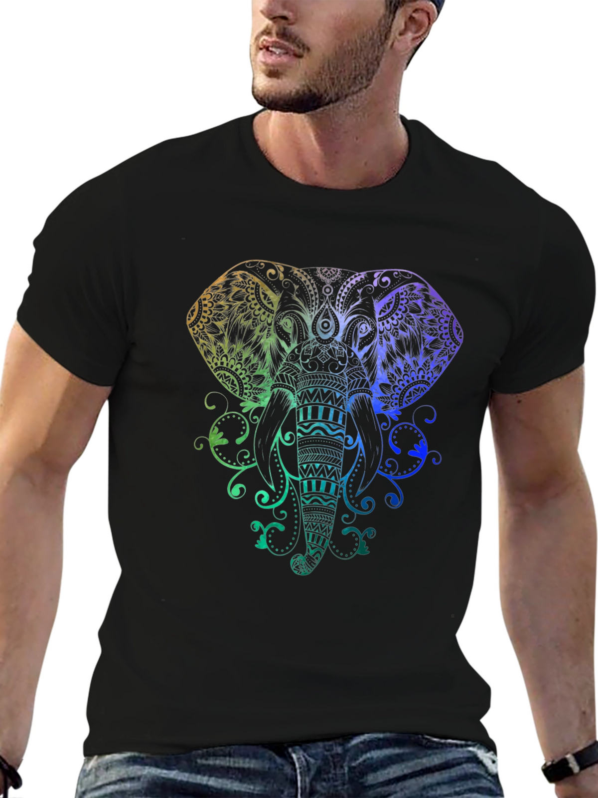 Rainbow Elephant Graphic Black T-Shirt