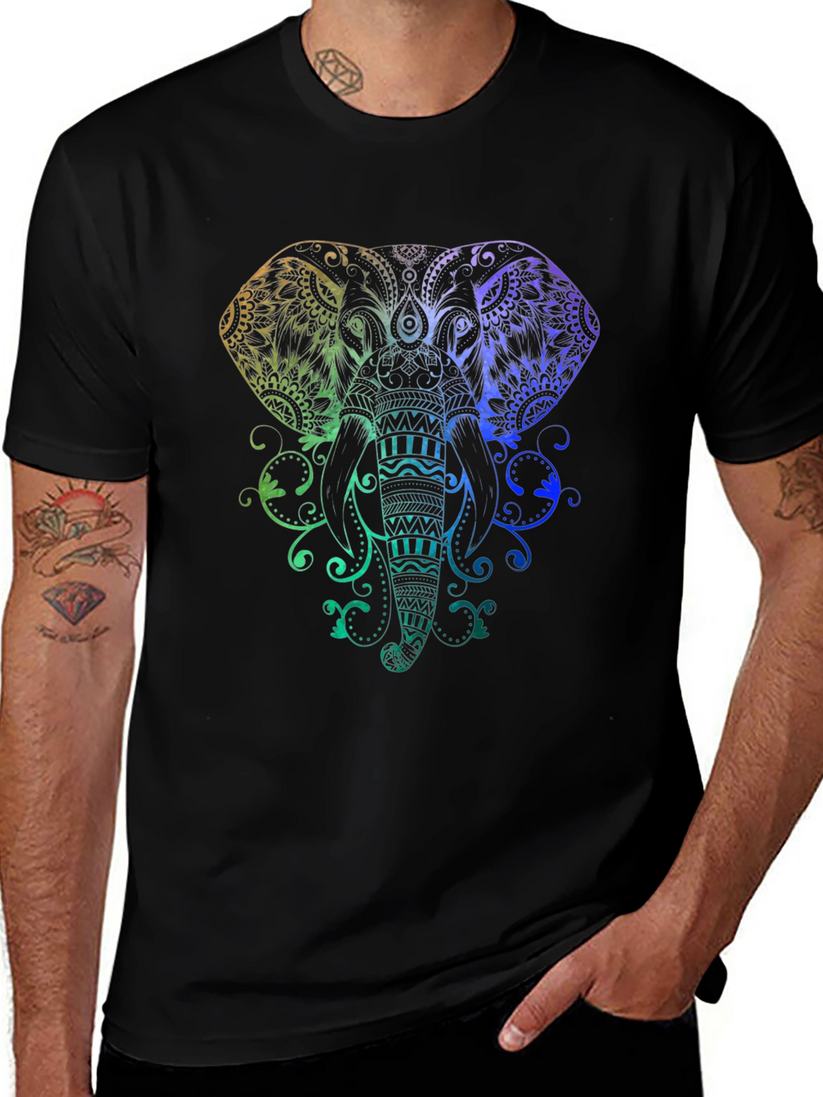 Rainbow Elephant Graphic Black T-Shirt