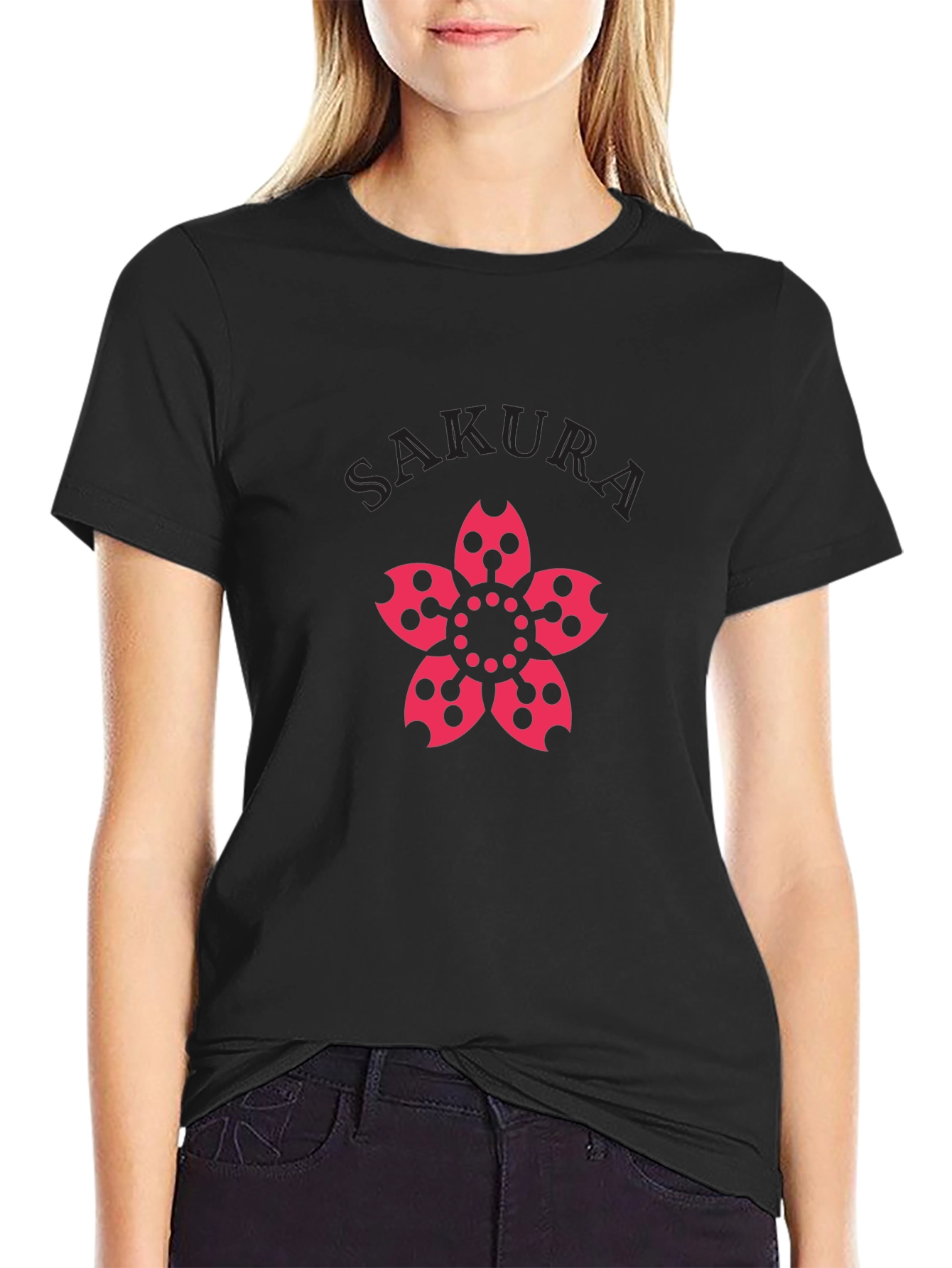 Sakura Graphic Tee - Black Cotton Casual T-Shirt