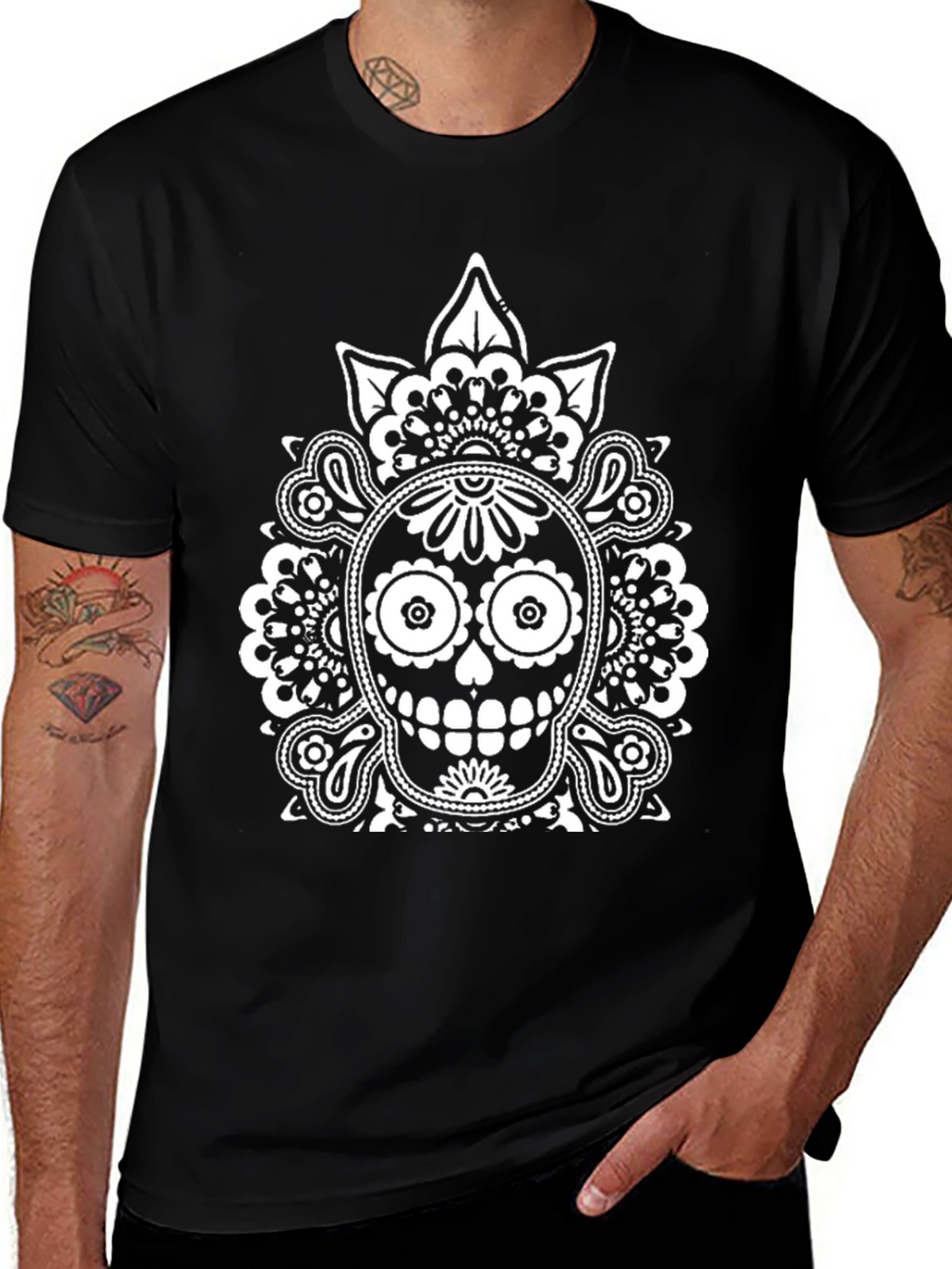 Dia de los Muertos Skull Graphic Tee - Black