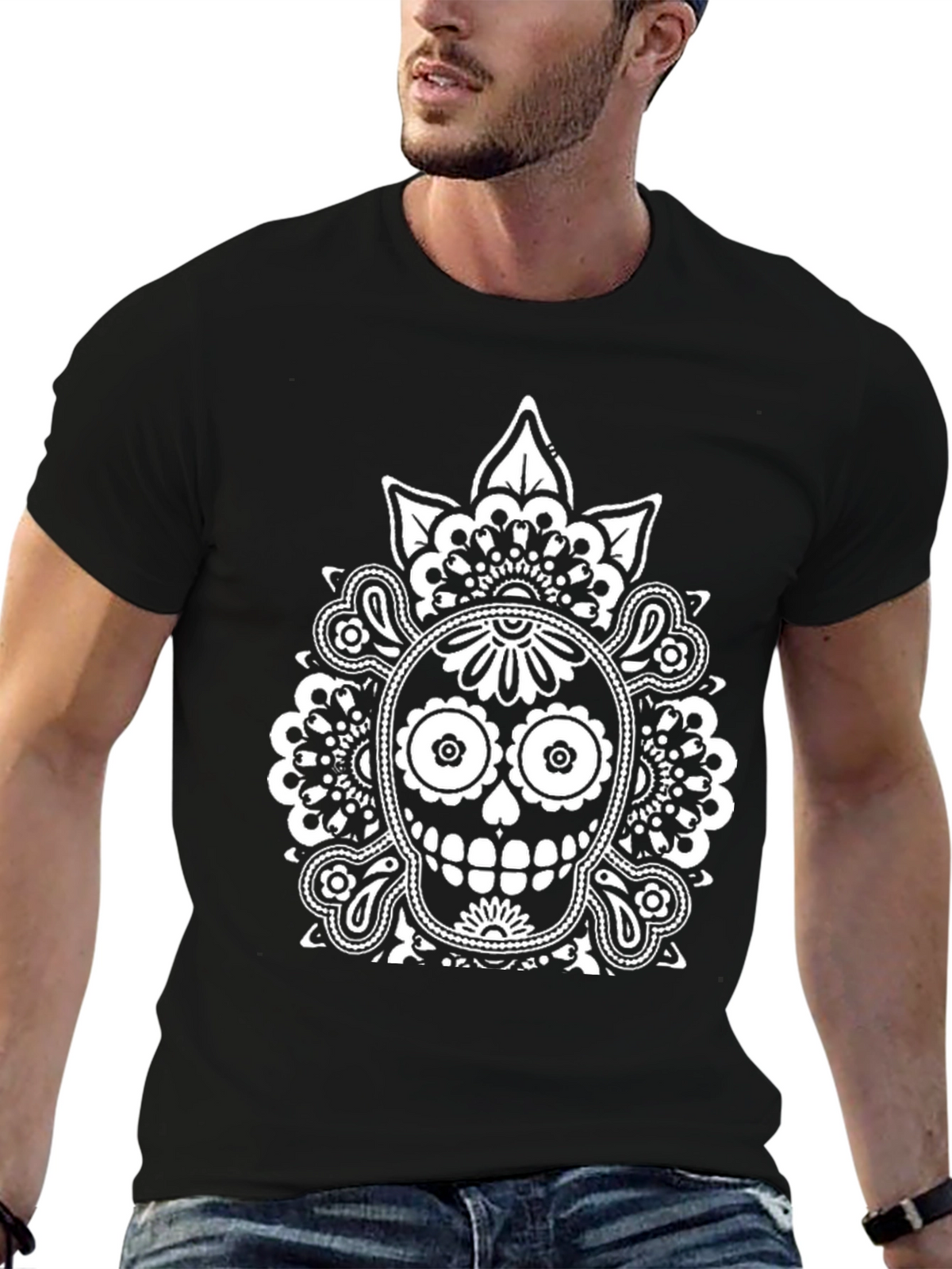 Dia de los Muertos Skull Graphic Tee - Black