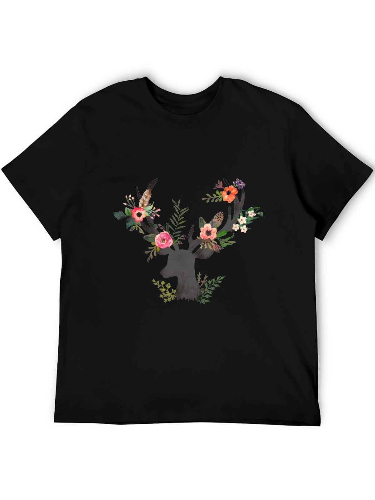 Floral Deer Antler Graphic Black T-Shirt