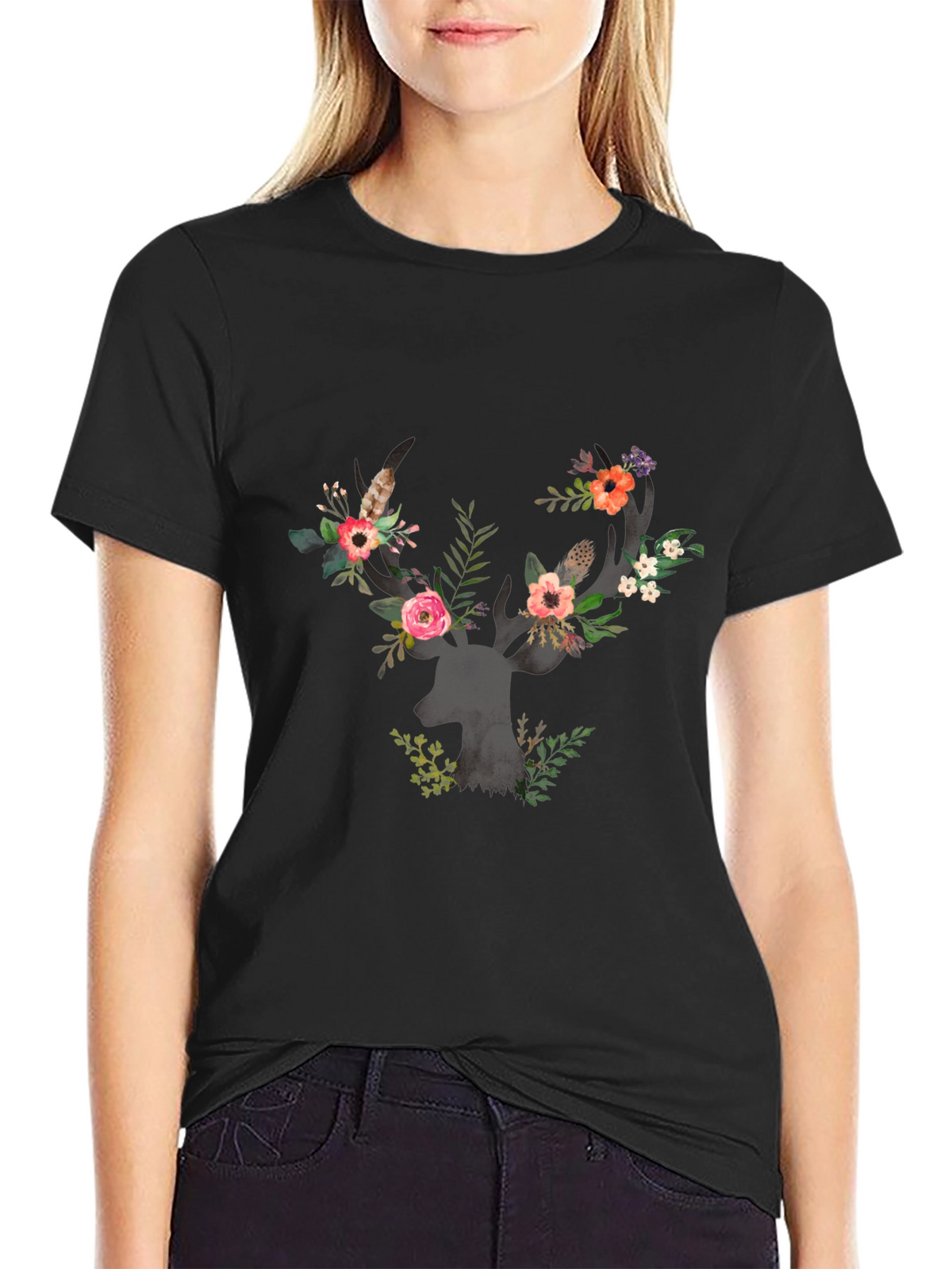 Floral Deer Antler Graphic Black T-Shirt