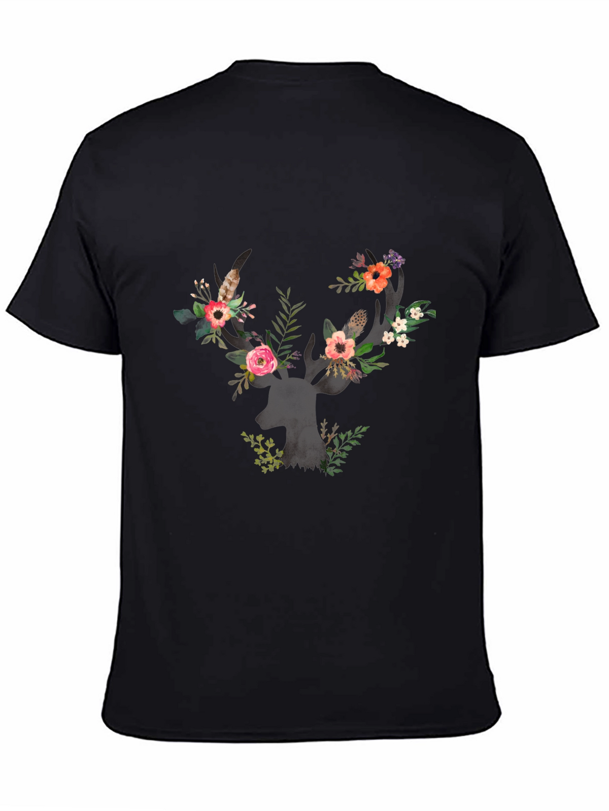 Floral Deer Antler Graphic Black T-Shirt