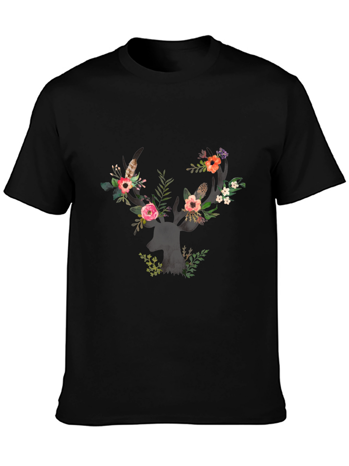 Floral Deer Antler Graphic Black T-Shirt