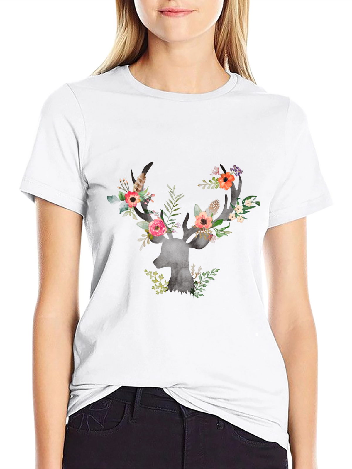 Floral Deer Antler Graphic Black T-Shirt