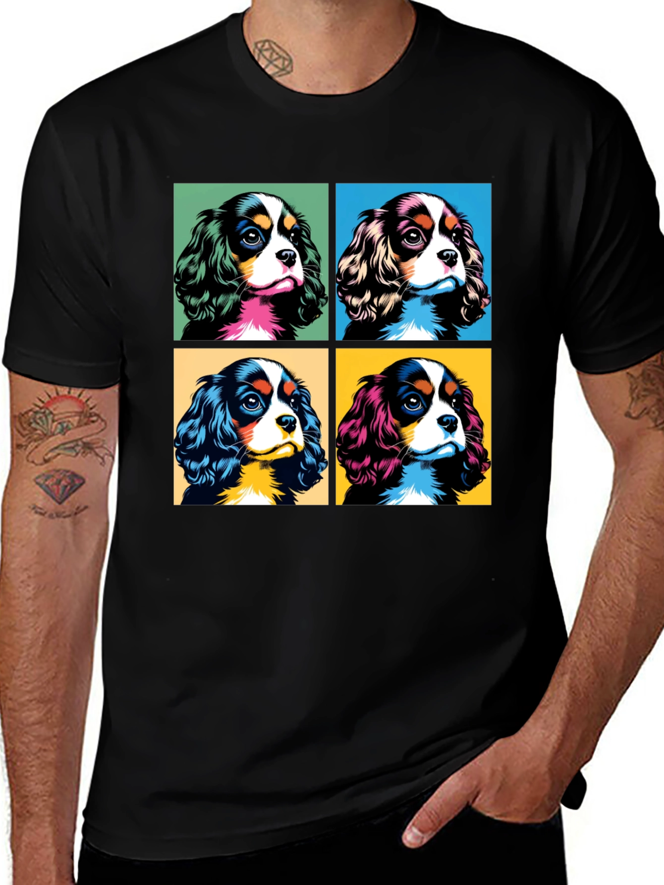 Dog Breed Cavalier Pop Art Black T-Shirt