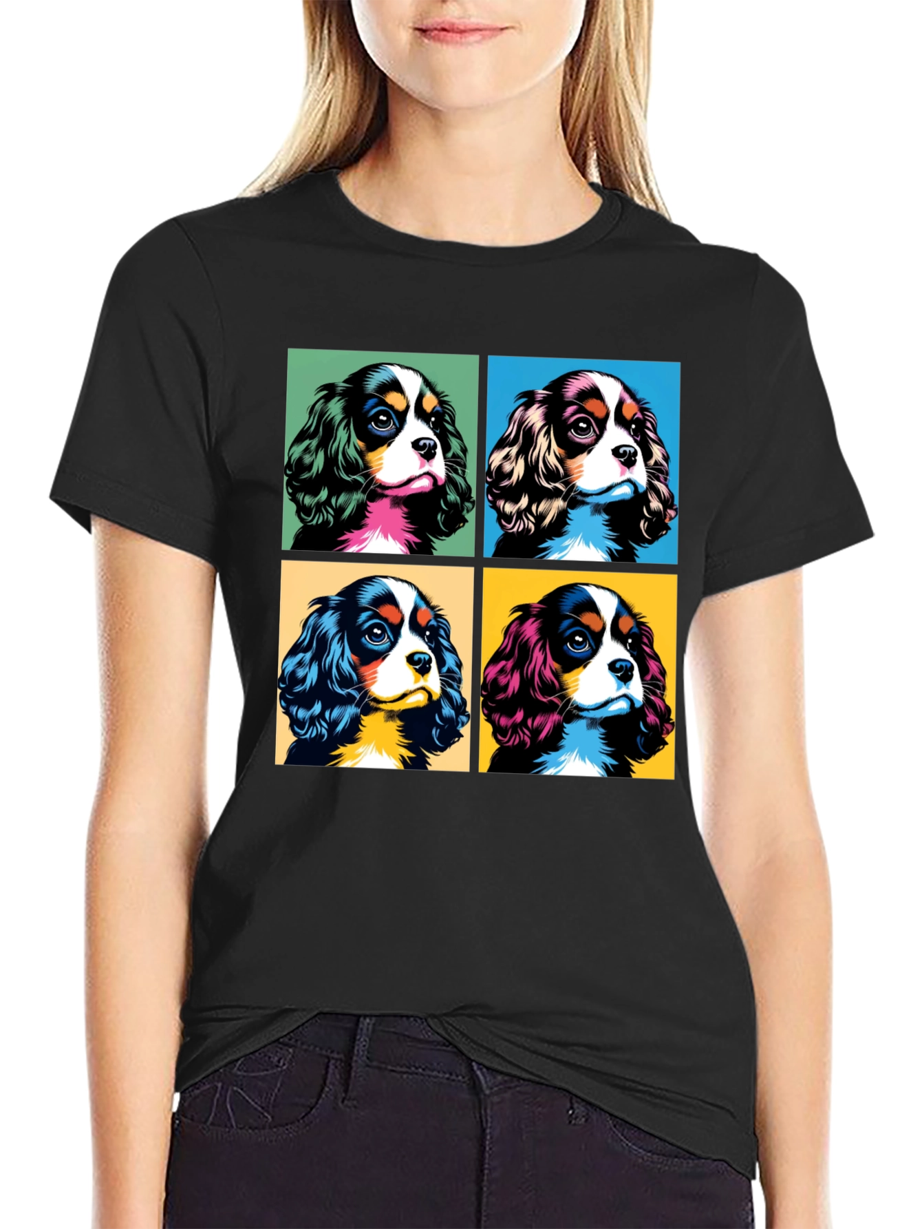Dog Breed Cavalier Pop Art Black T-Shirt