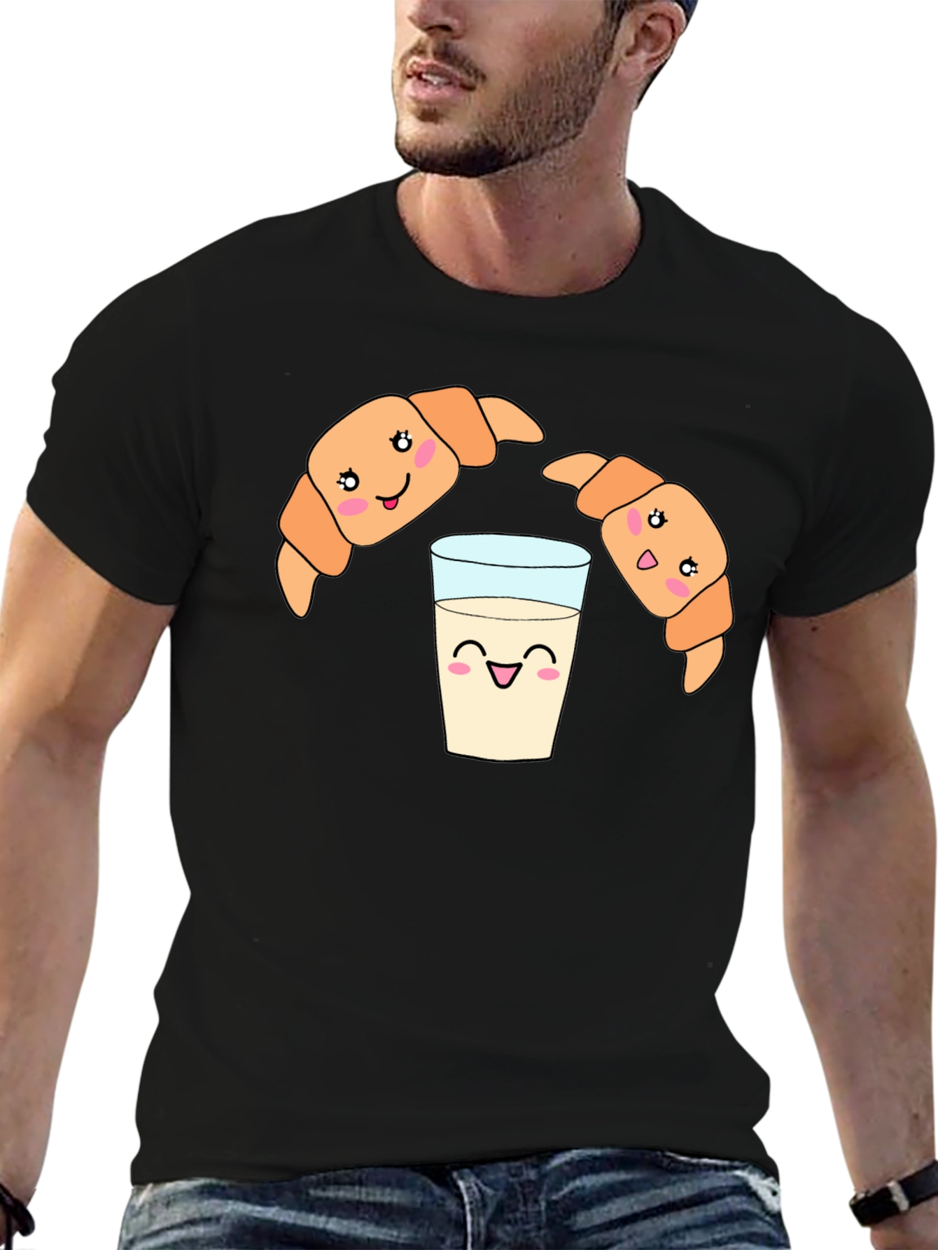 Cute Croissant Milk Cartoon Black Tee