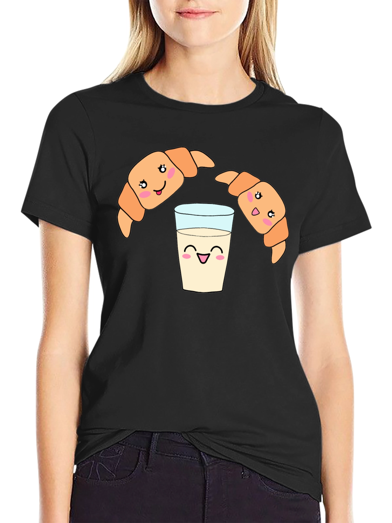Cute Croissant Milk Cartoon Black Tee