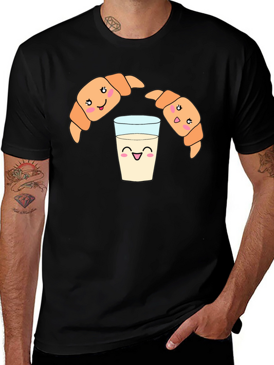 Cute Croissant Milk Cartoon Black Tee