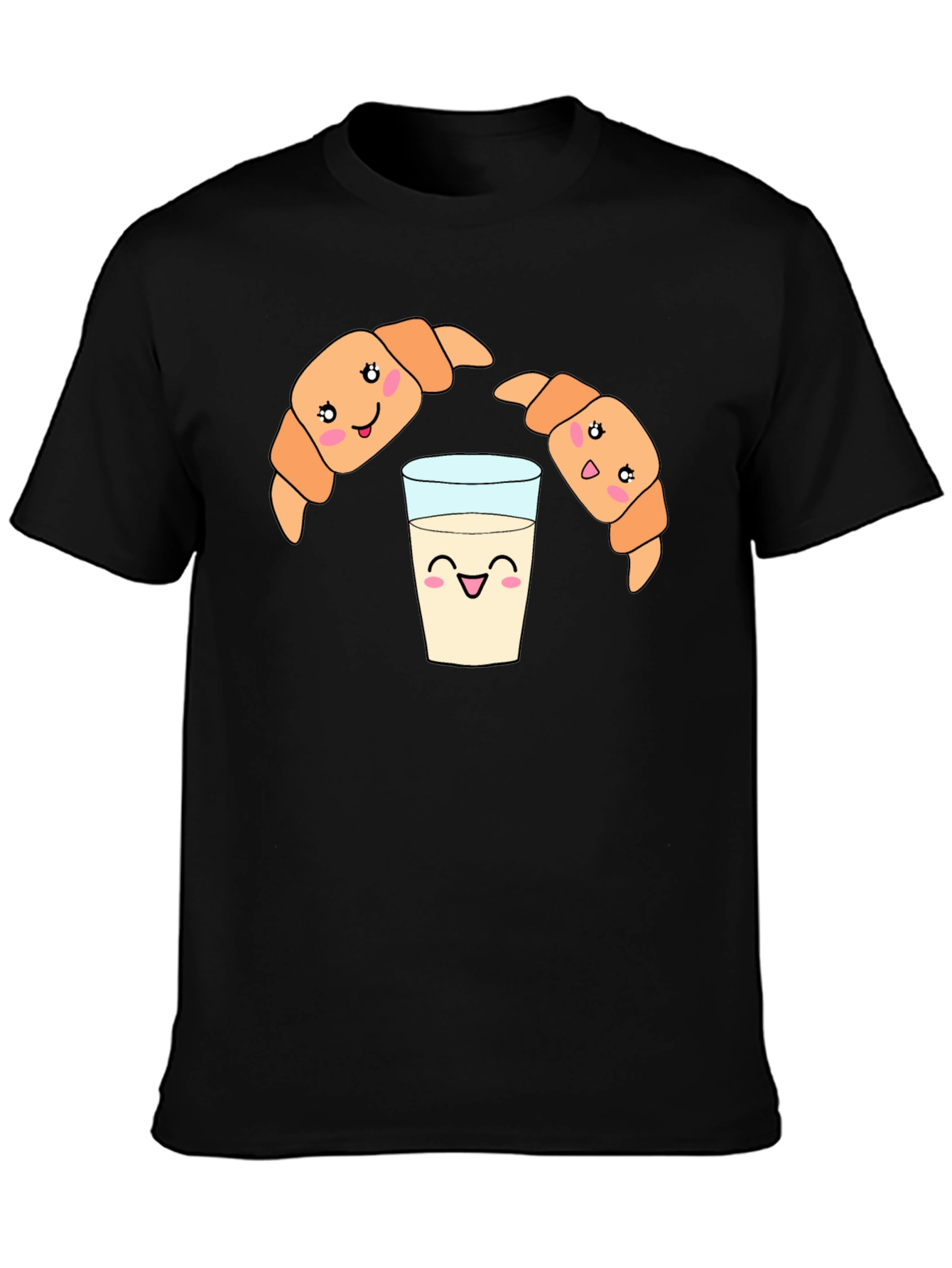 Cute Croissant Milk Cartoon Black Tee