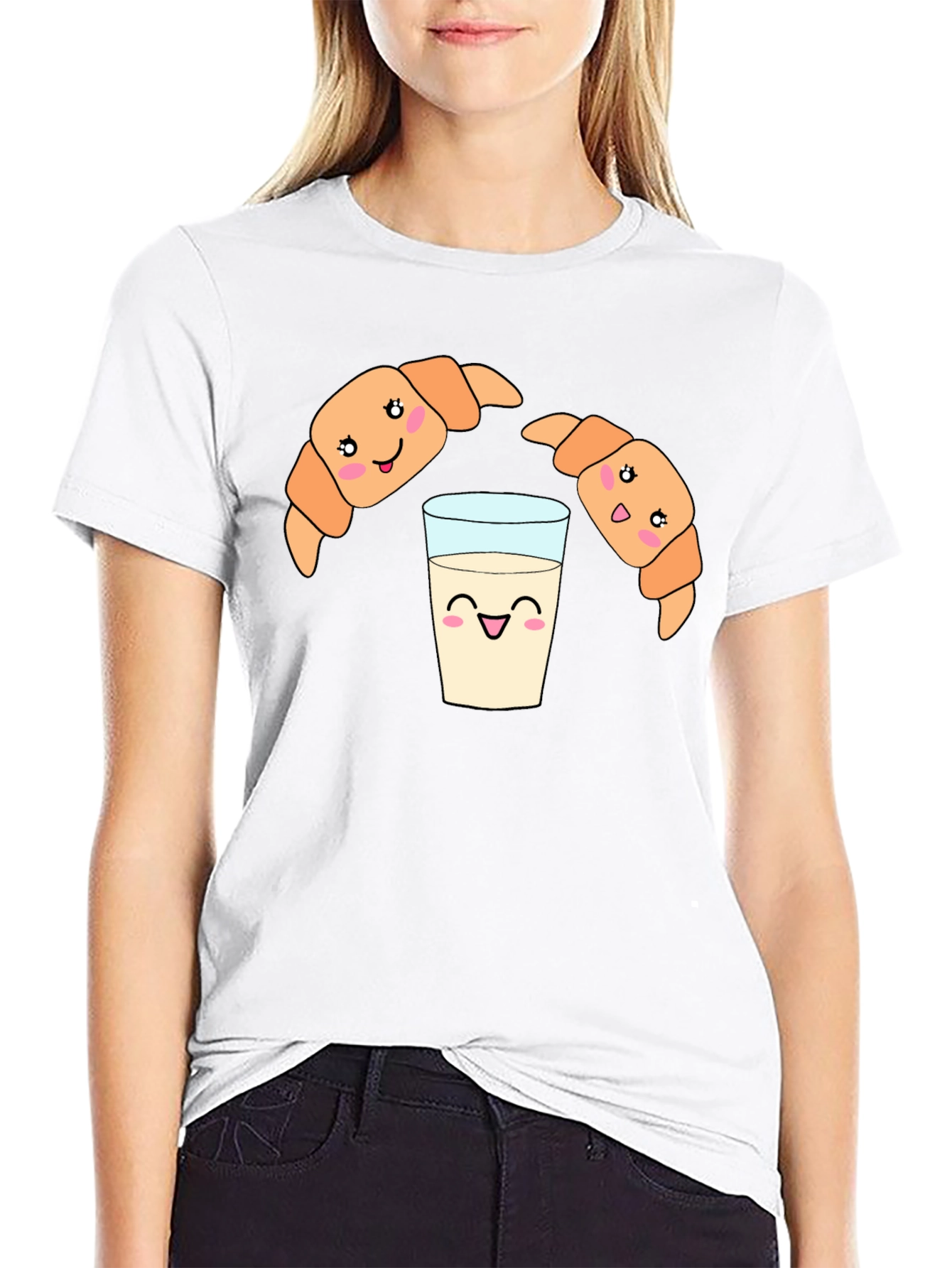 Cute Croissant Milk Cartoon Black Tee