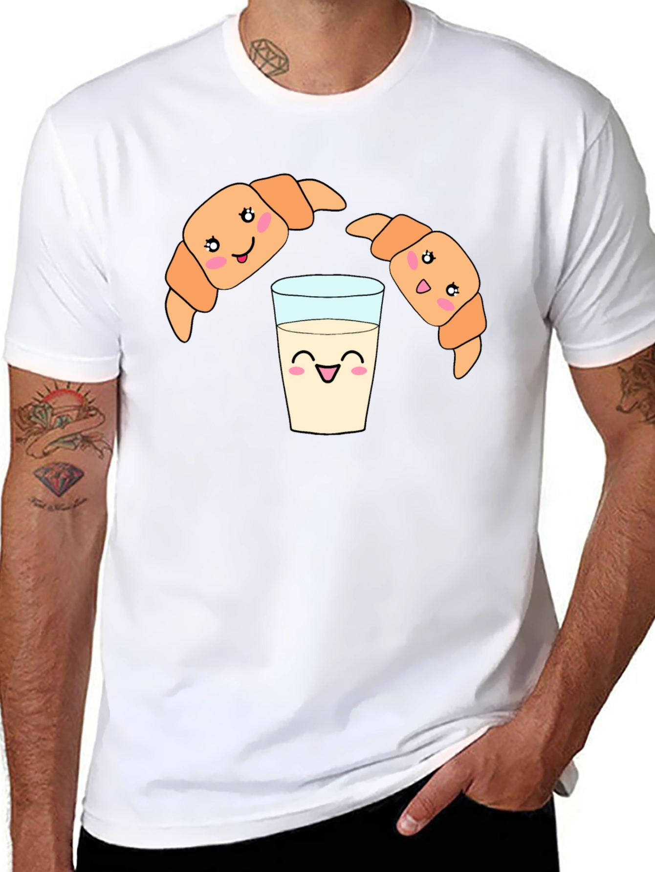 Cute Croissant Milk Cartoon Black Tee