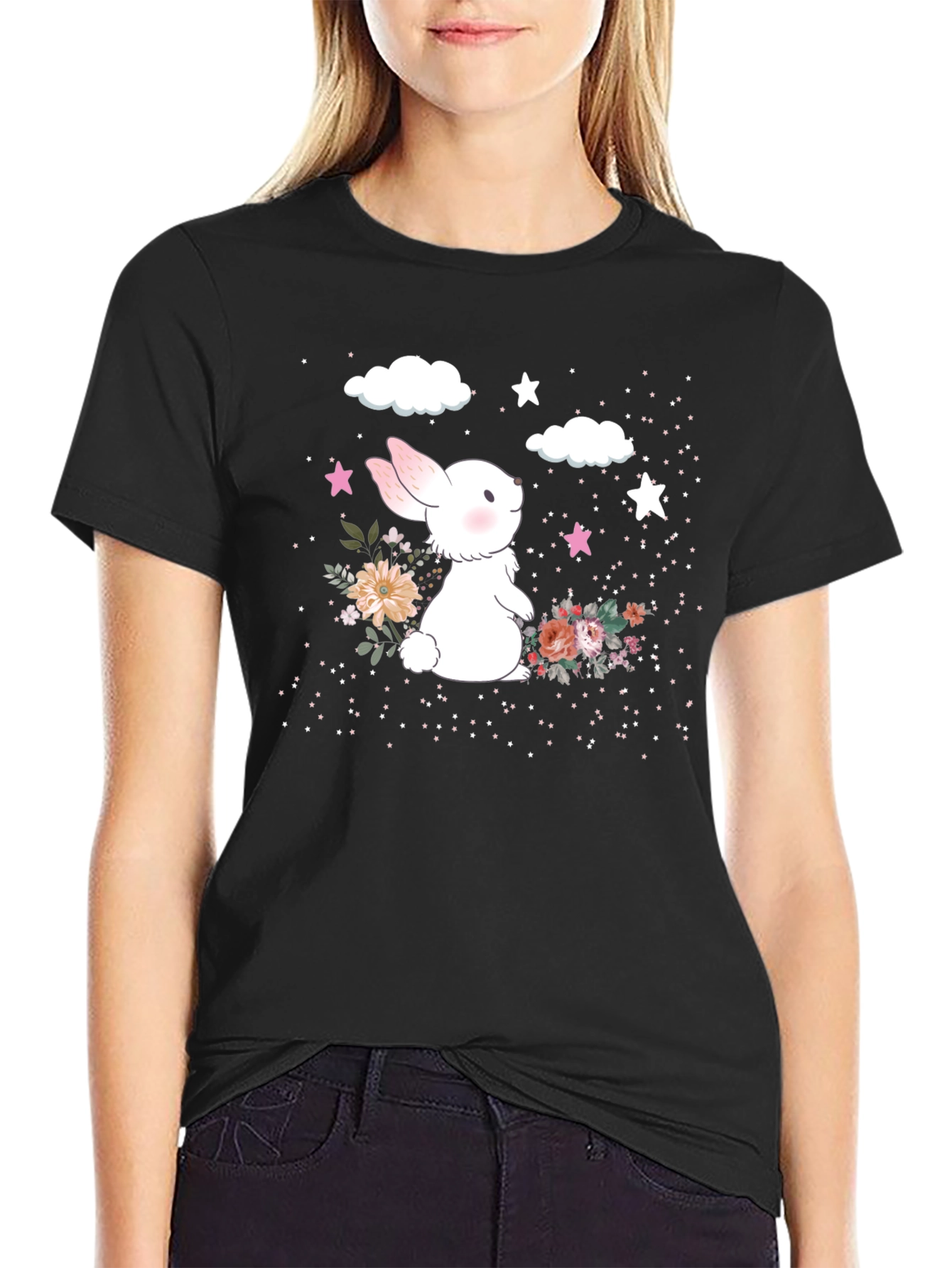 Cute Bunny Floral Graphic T-Shirt