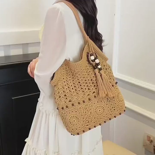 Chic Large Capacity Knitted Beach Tote with Tassel Design