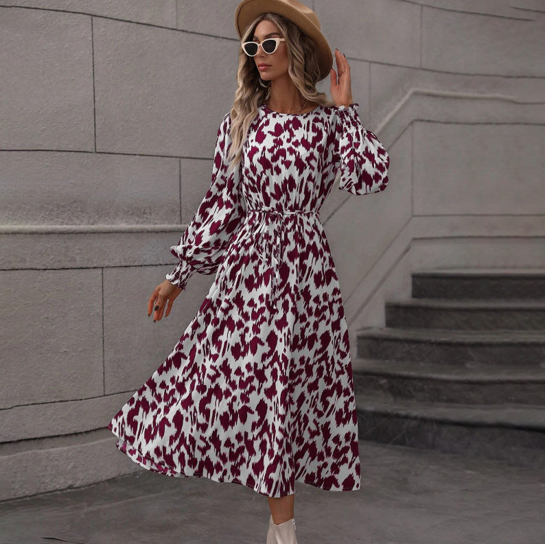 Women's Autumn Winter Leopard Print Long Sleeve Lace-Up Loose Dress