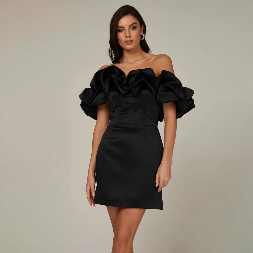 Women's Sexy Solid Color Off Shoulder Ruffled Slim Fit Dress