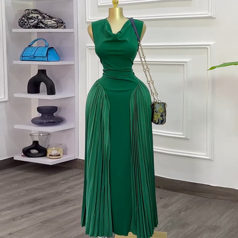 Women's Sexy Solid Color Stitching Sleeveless Pleated Maxi Dress