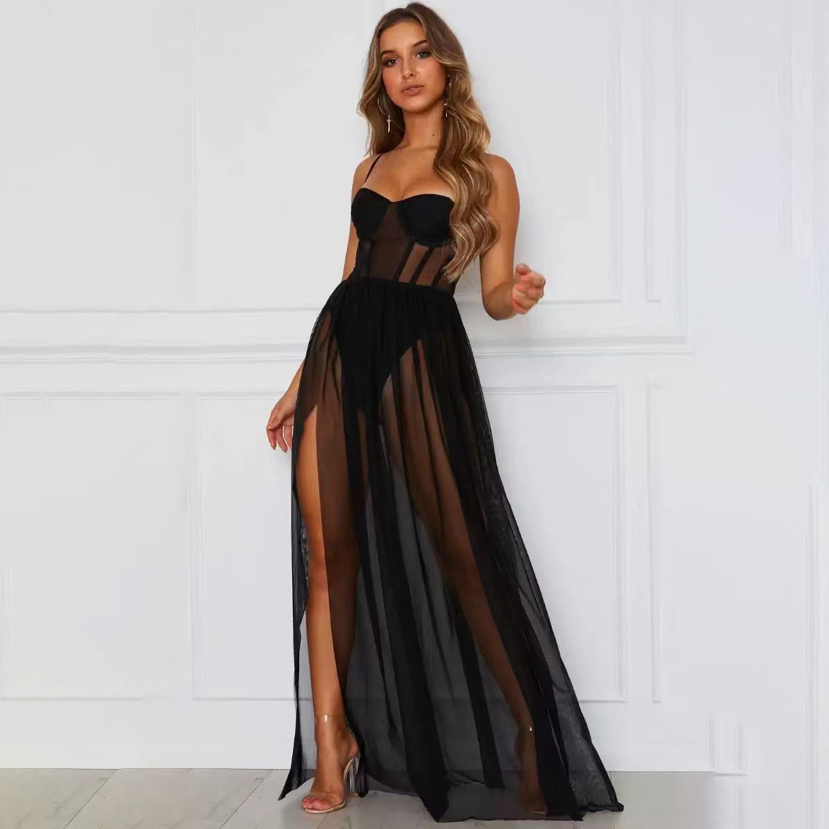 Women's Sexy Mesh Thin Strap Split Long Dress