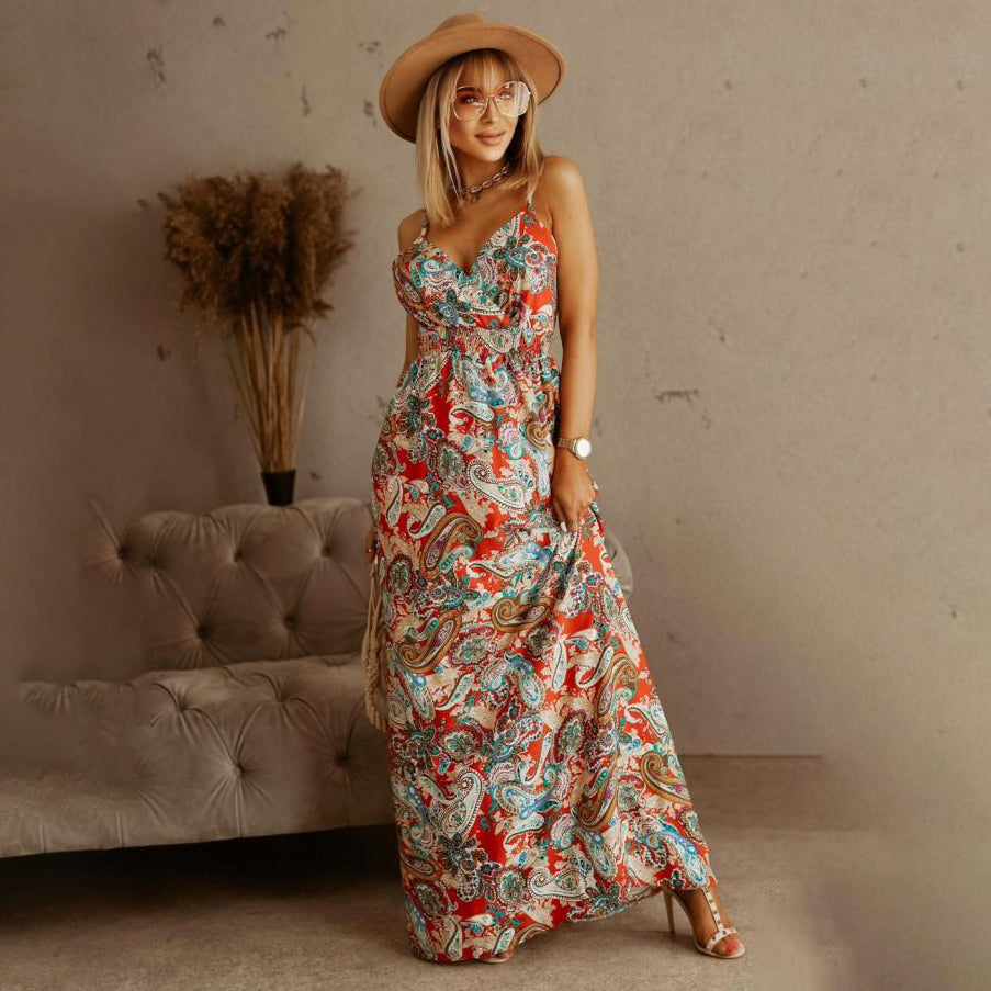 Women's Summer Boho Vacation Printed V-Neck Sleeveless Dress