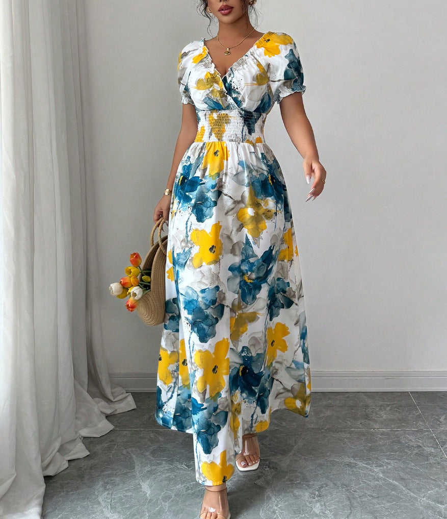Women's Casual Summer Floral Print V-Neck Bubble Sleeve A-Line Dress