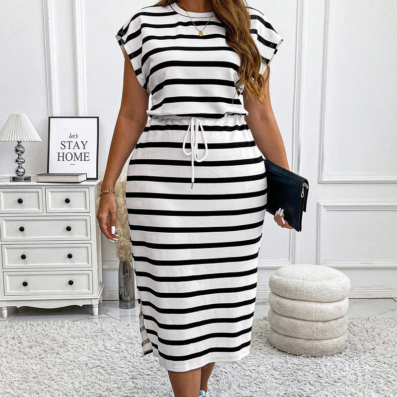 Women's Plus Size Stripe Lace-Up Midi Dress, with Bat