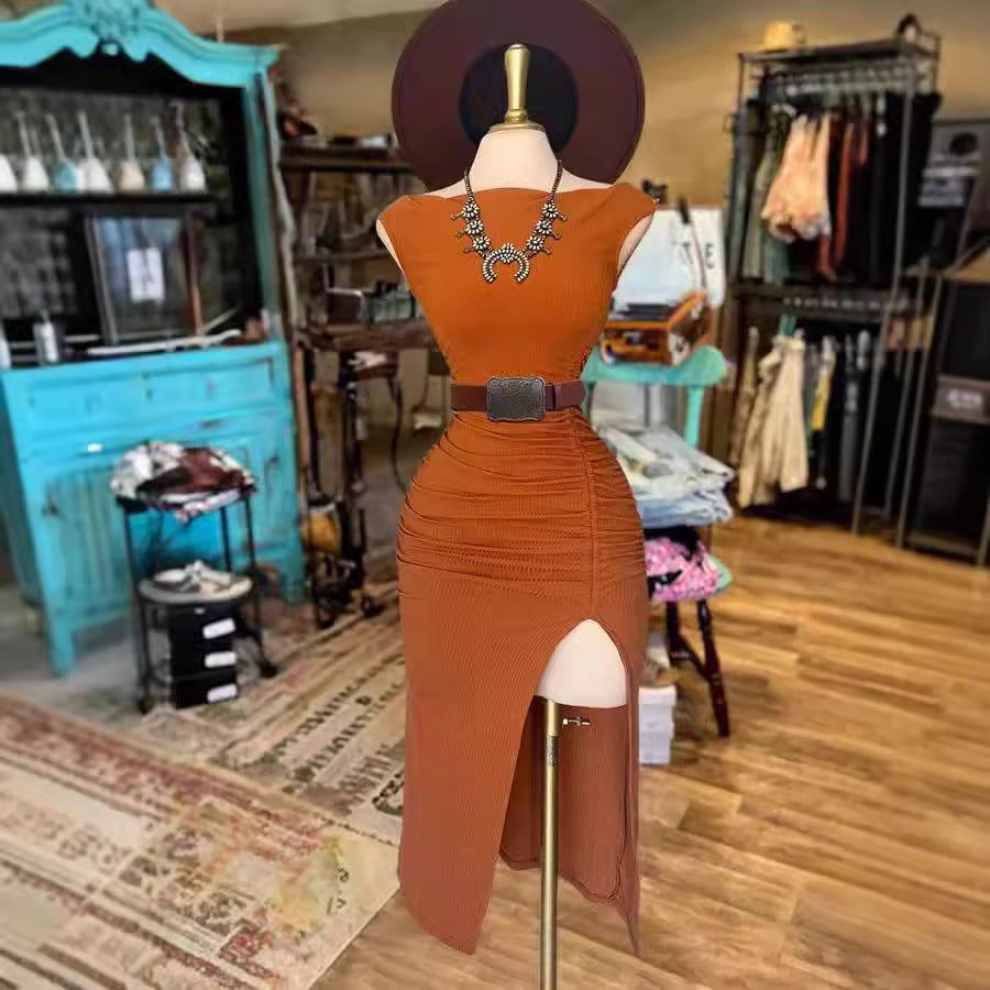 Women's Retro Western Split Sleeveless Slim-Fit Knit Midi Dress
