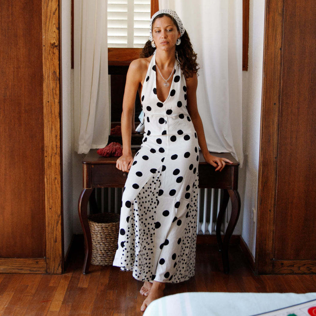 Women's Sexy Summer Polka Dot Print Halter-Neck Slim-Fit Backless Dress