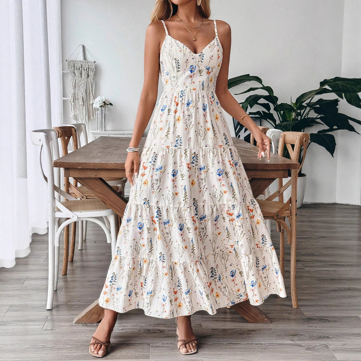 Women's Elegant Summer Boho Vacation Printed Spaghetti Strap Backless Dress