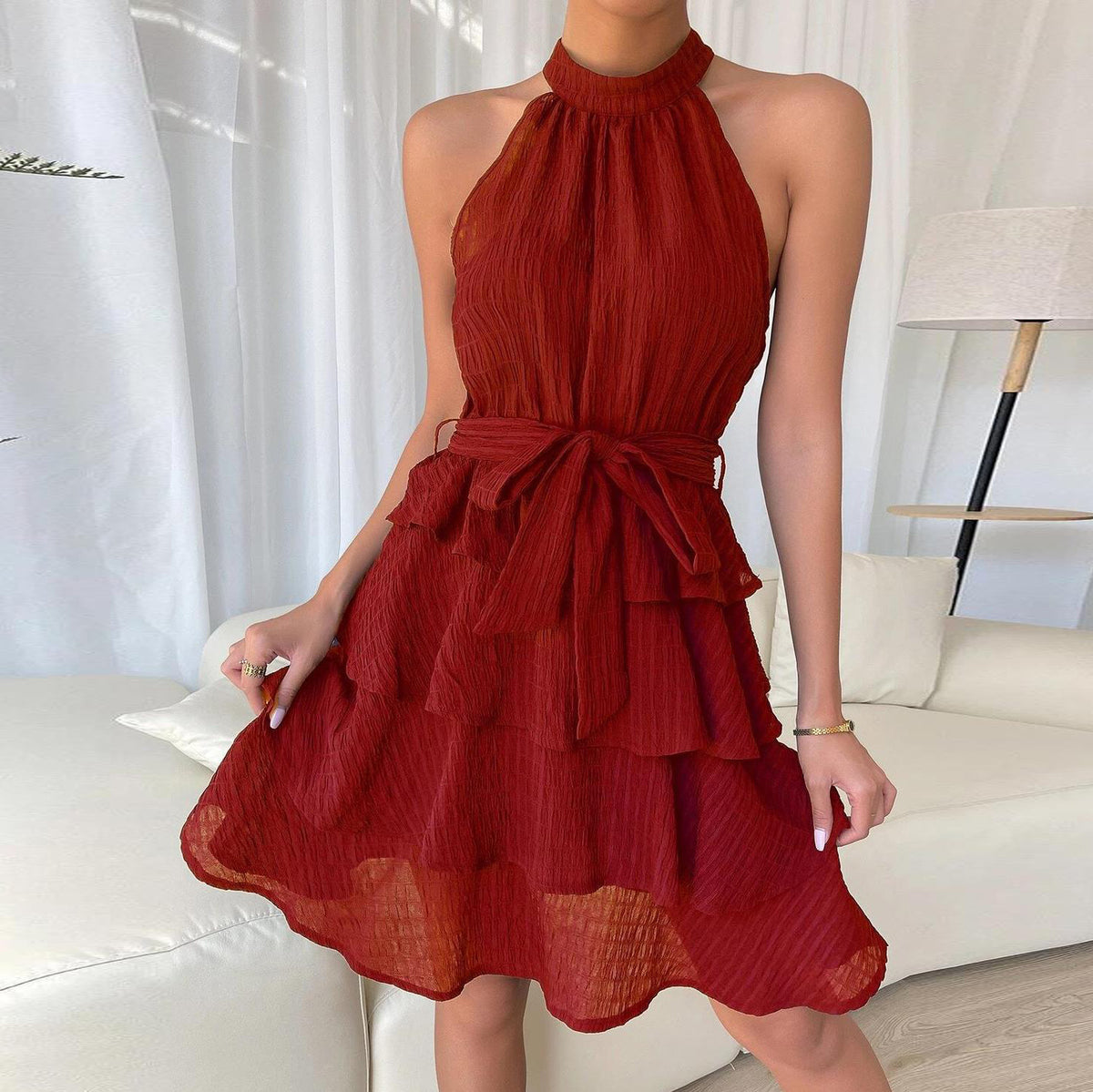 Women's Summer Solid Color Halter Neck Lace Sleeveless Ruffled Dress