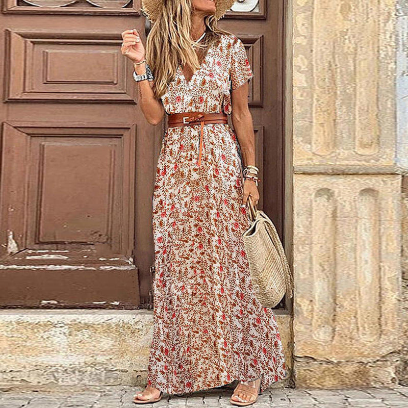 Women's Summer Boho Vacation Printed V-Neck Short Sleeve Split Dress