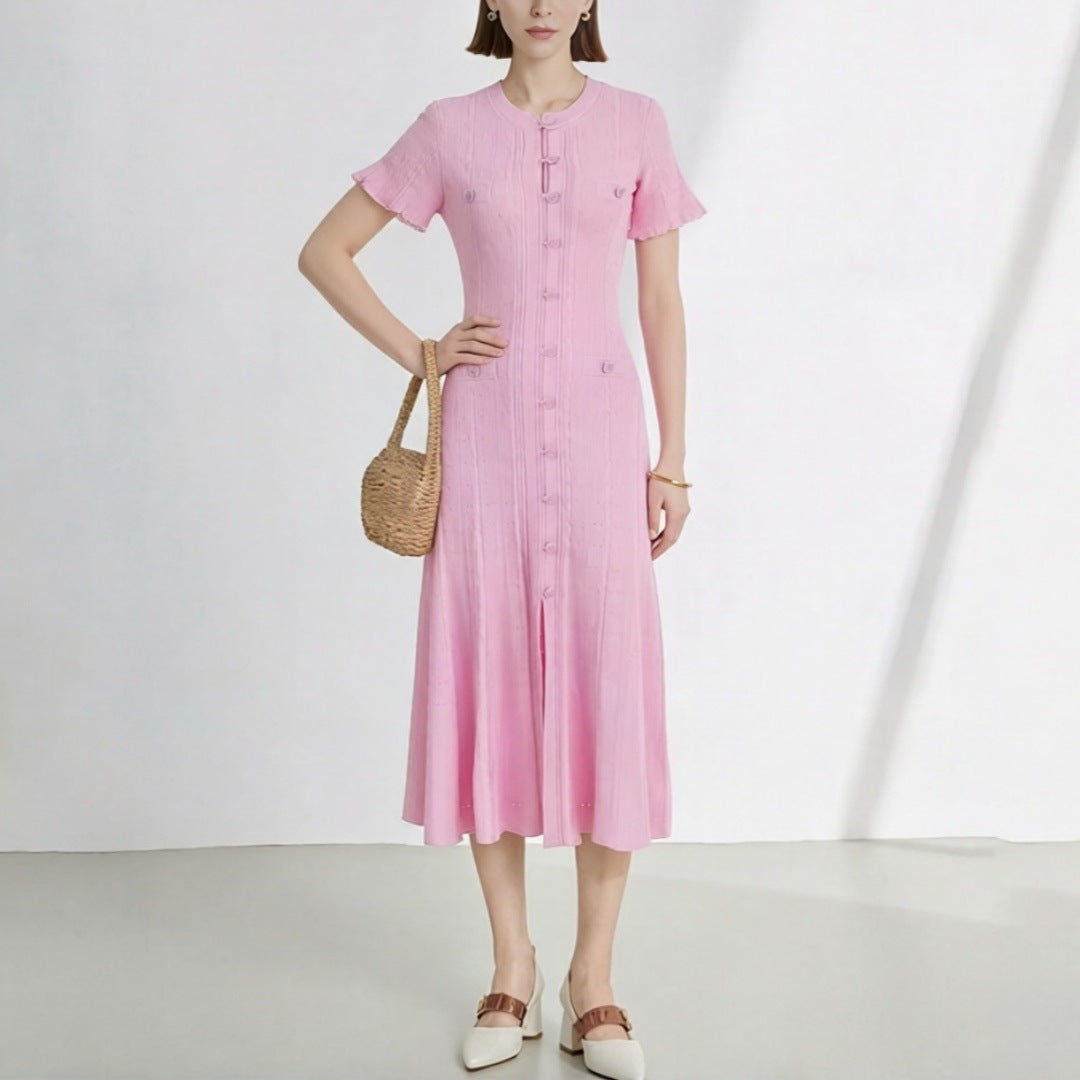 Women's Elegant Solid Color Short Sleeve Buttons Slim-Fit Knitted Dress