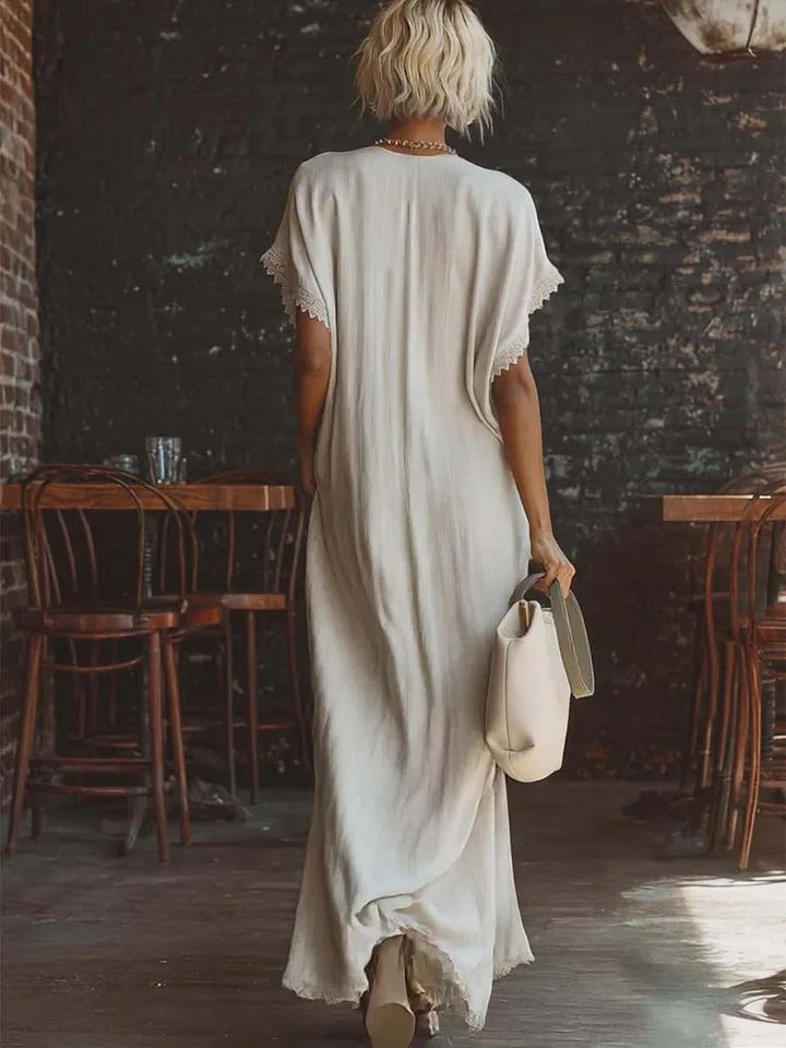 Women's Spring and Linen Cotton Solid Color V-Neck Short Sleeve Lace-Edge Dress