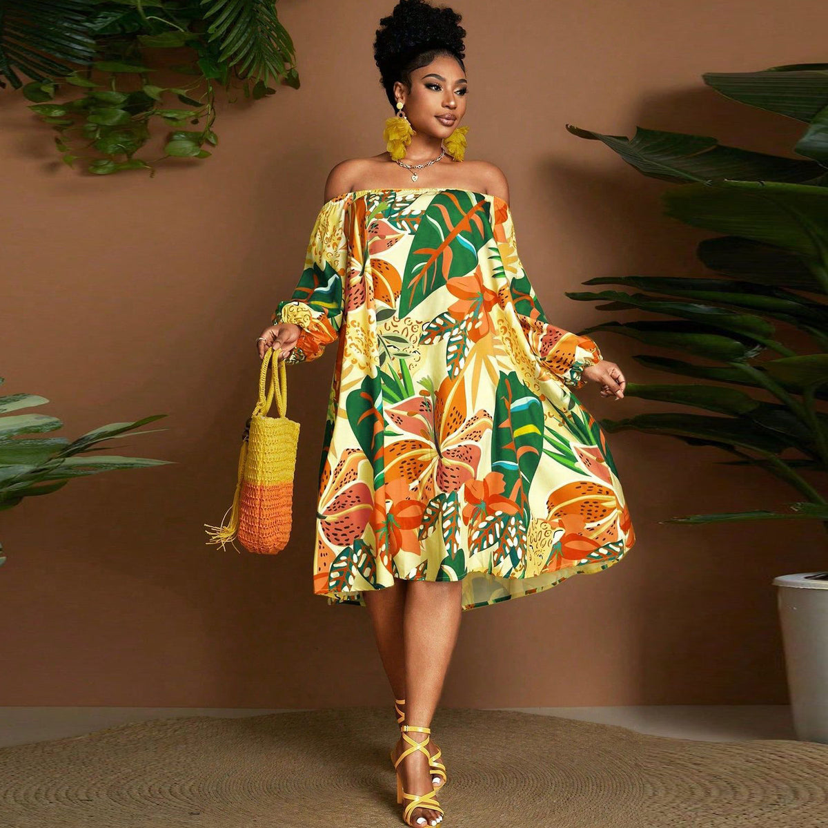 Women's Off-Shoulder Long Sleeve Tropical Floral Print Loose-Fit Midi Dress