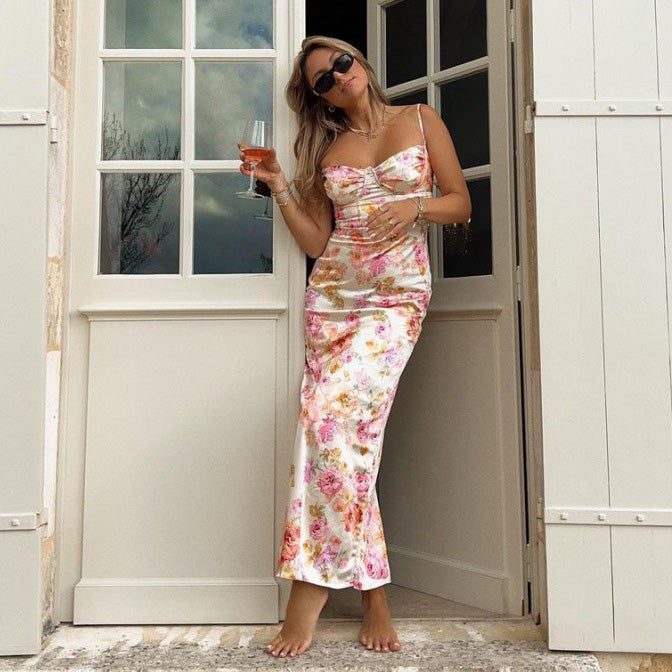 Women's Sexy Elegant Flower Printed Spaghetti Strap Slim Fit Midi Dress