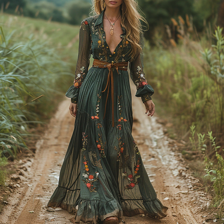 Women's Casual Boho Floral Printed Lapel Long Sleeve Pleated Maxi Dress