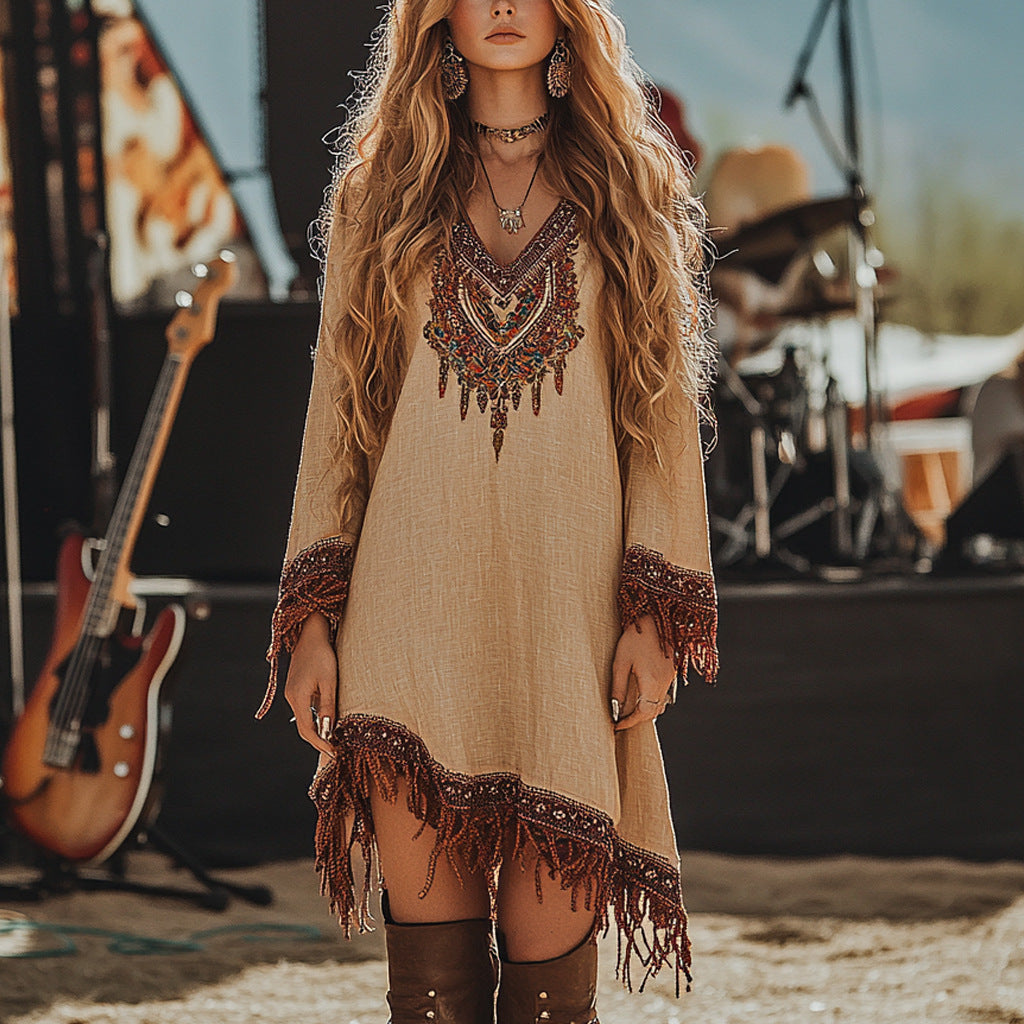 Women's Boho Printed Lace V-Neck Long Sleeve Loose Midi Dress