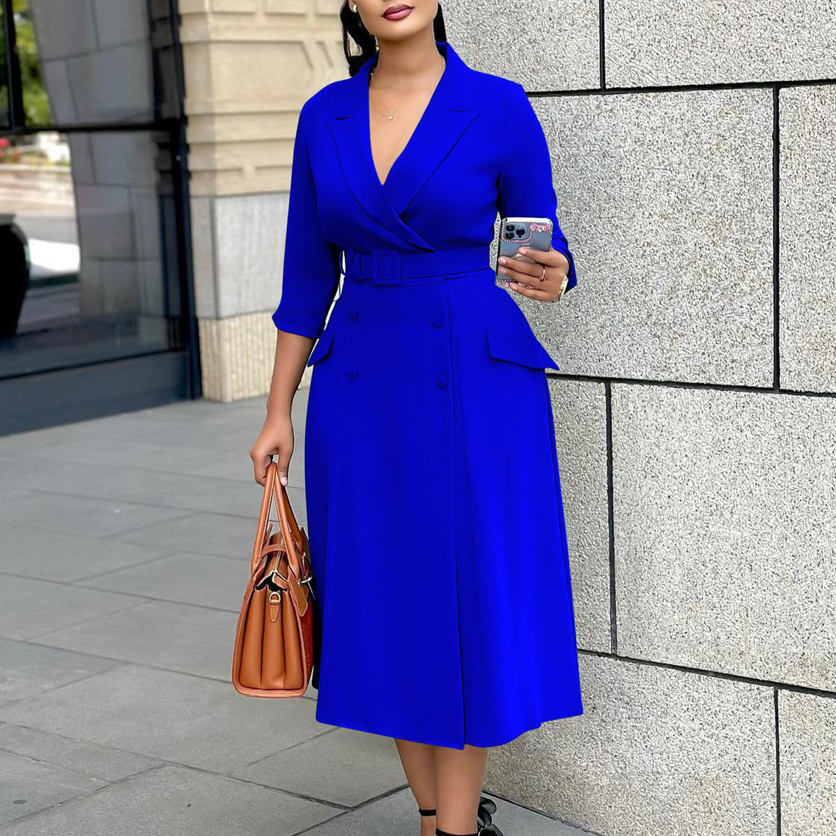 Women's Casual Office Solid Color V-Neck Double-Breasted Long Sleeve Belt Dress