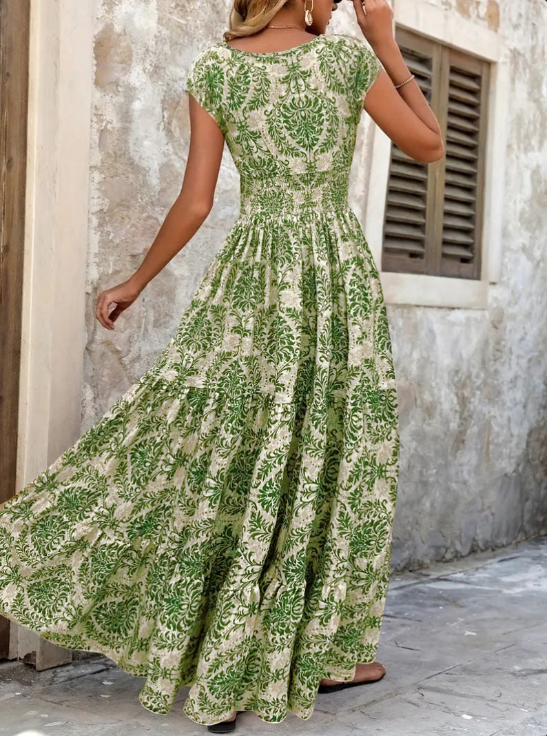 Women's Vacation Casual Boho Printed V-Neck Short Sleeve Loose Dress