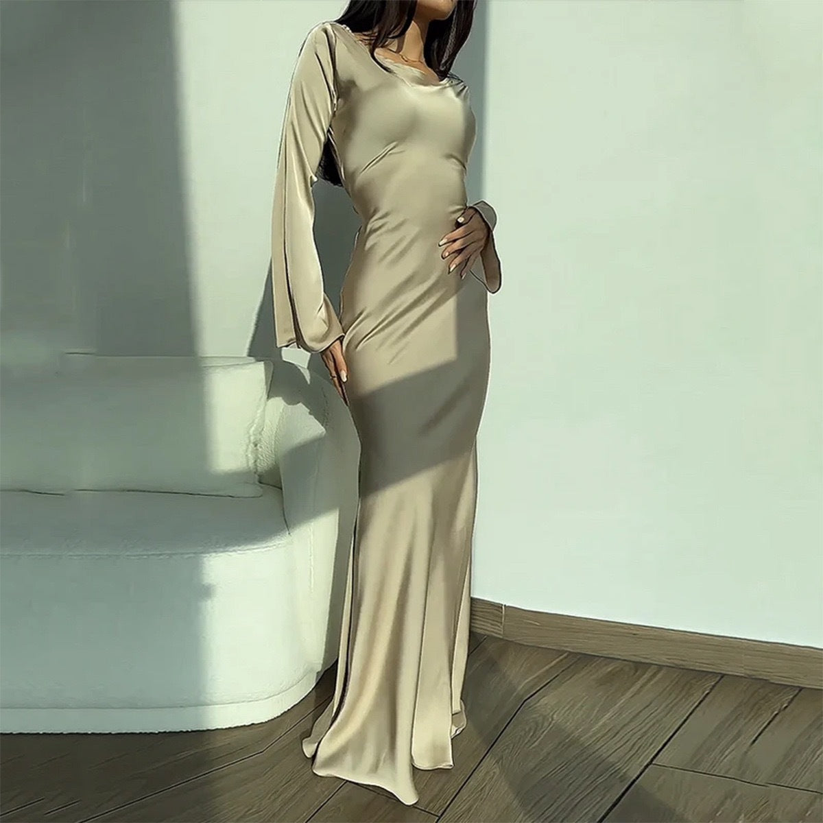 Women's Autumn Solid Color Crewneck Long Sleeve Maxi Dress
