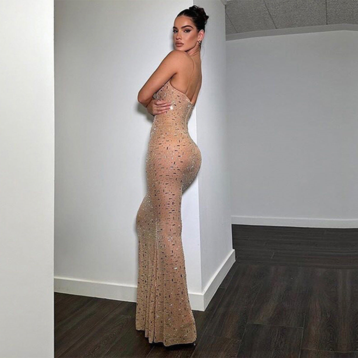 Women's Sexy Summer Mesh Perspective Rhinestone Spaghetti Strap Dress