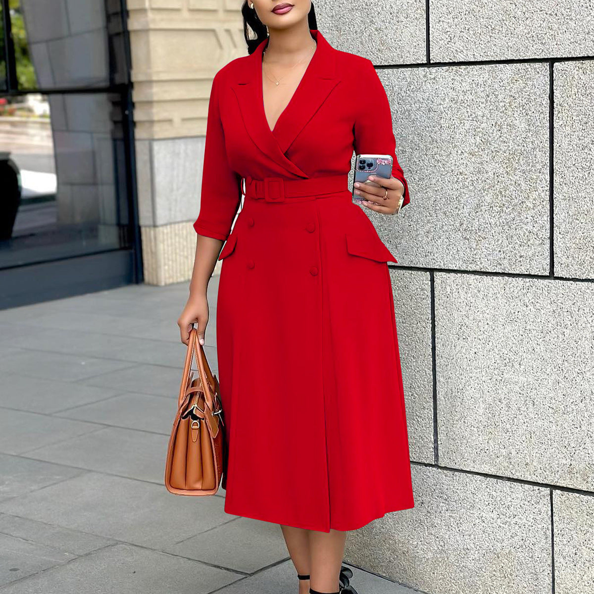 Women's Casual Office Solid Color V-Neck Double-Breasted Long Sleeve Belt Dress