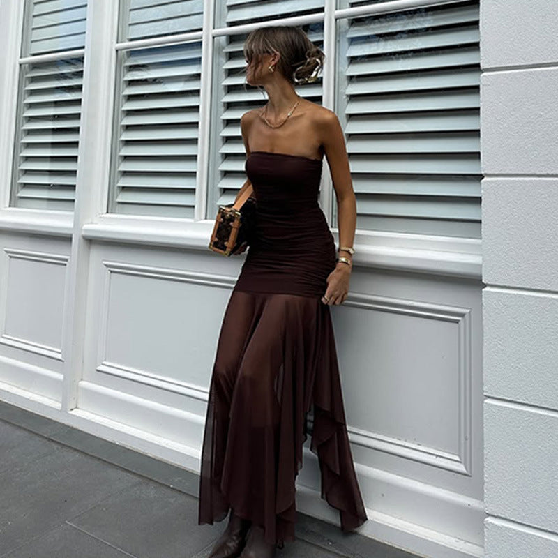 Women's Sexy Summer Solid Color Mesh Stitching Sleeveless Pleated Slim-Fit Dress