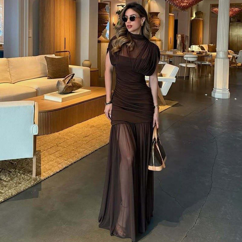 Women's Solid Color Stitching Mesh Perspective Short Sleeve Tight Dress