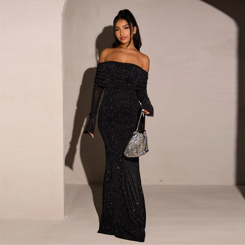 Women's Sexy Elegant Solid Color Off-Shoulder Long Sleeve Mesh Waist Hip Dress