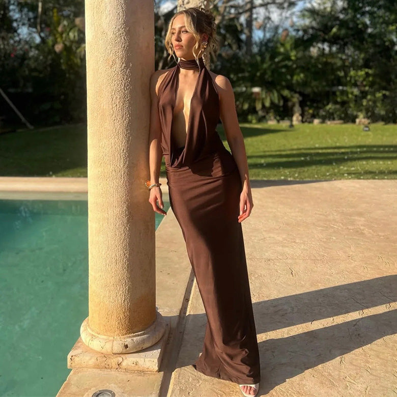 Women's Sexy Summer Solid Color Hollow Collar Backless Slim-Fit Dress