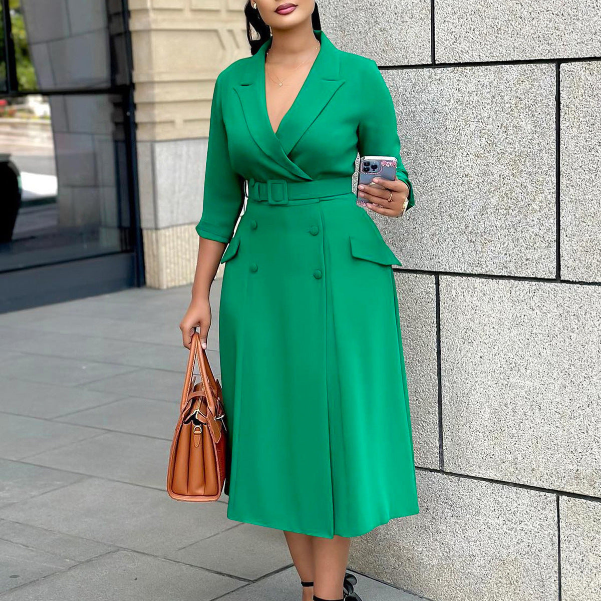 Women's Casual Office Solid Color V-Neck Double-Breasted Long Sleeve Belt Dress